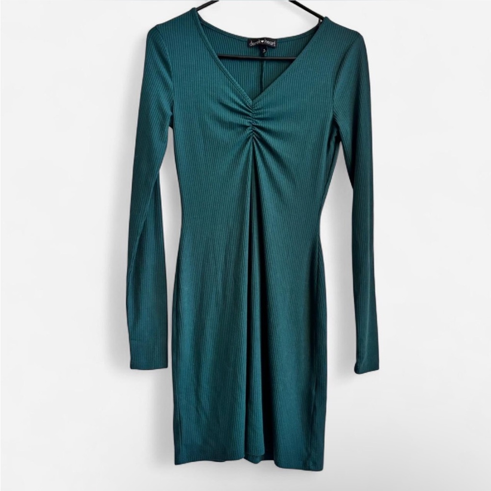 Derek Heart Teal Ribbed Ruched Front Bodycon Dress